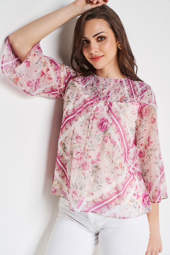 Cream Floral Flared Top, Cream, image 6